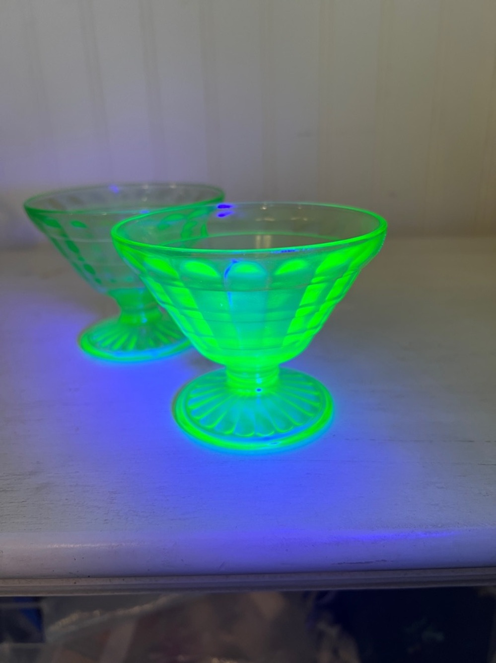 1920s Anchor Hocking Block Optic green champagne/tall sherbet glasses uranium